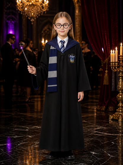 Wizard Robe Costume Set, Hooded Cloak With Striped Scarf, Tie, Glasses And Wand Costume Capes detail