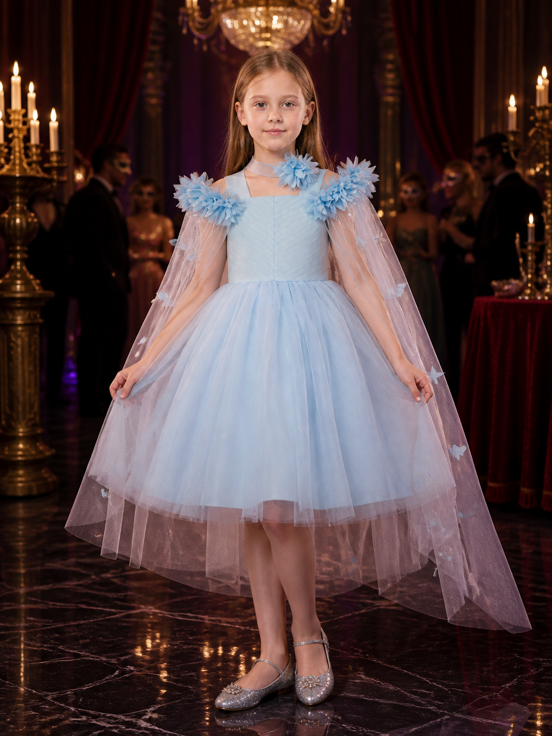 Girls' Light Blue Princess Dress, Off-Shoulder Floral Tulle Party Gown, Sizes Costume Dresses detail