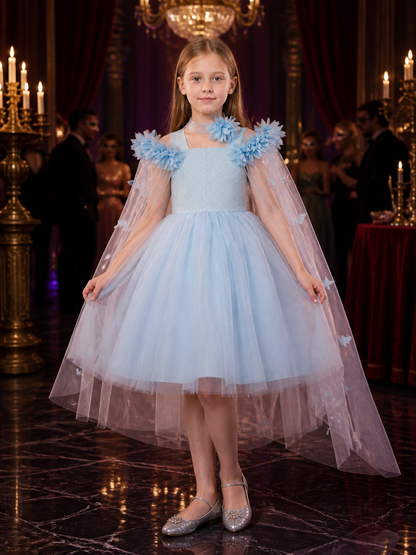 Girls' Light Blue Princess Dress, Off-Shoulder Floral Tulle Party Gown, Sizes Costume Dresses detail
