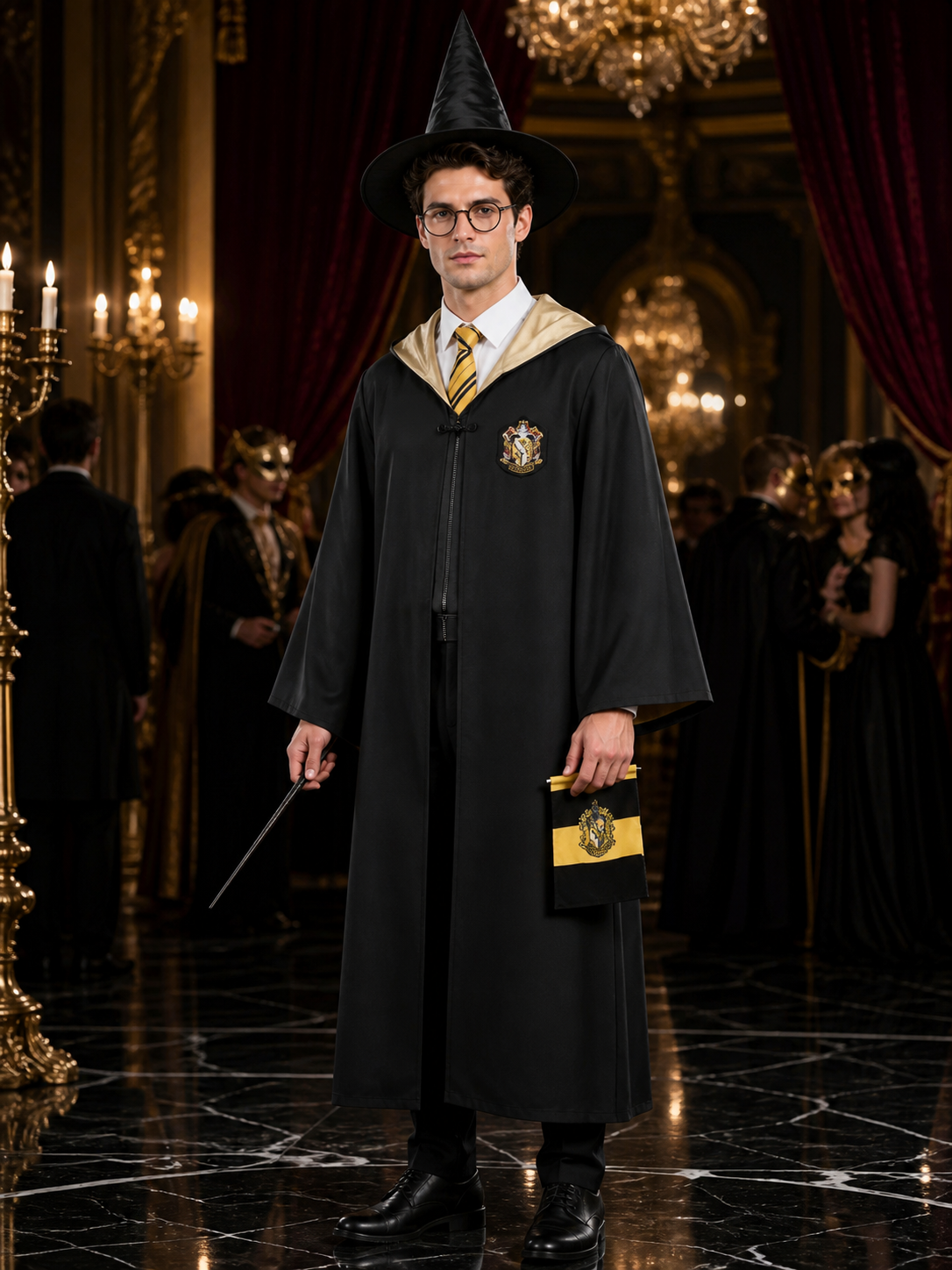 Black and Yellow Wizard Costume Set with Hooded Robe, Hat, Tie, Glasses and Wand Costume Headwear detail