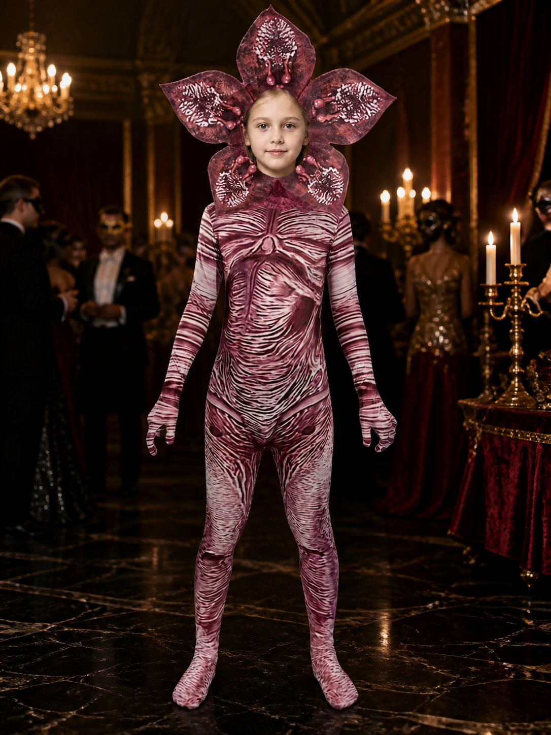 Creepy Carnivorous Plant Costume Set with Flower Headpiece, Striped Bodysuit for Costume Headwear detail