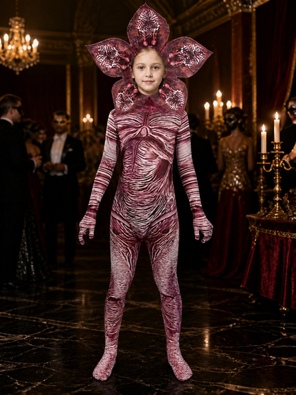 Creepy Carnivorous Plant Costume Set with Flower Headpiece, Striped Bodysuit for Costume Headwear detail