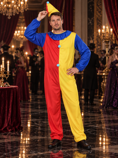 Clown Costume: Red and Yellow Jumpsuit, Cone Hat