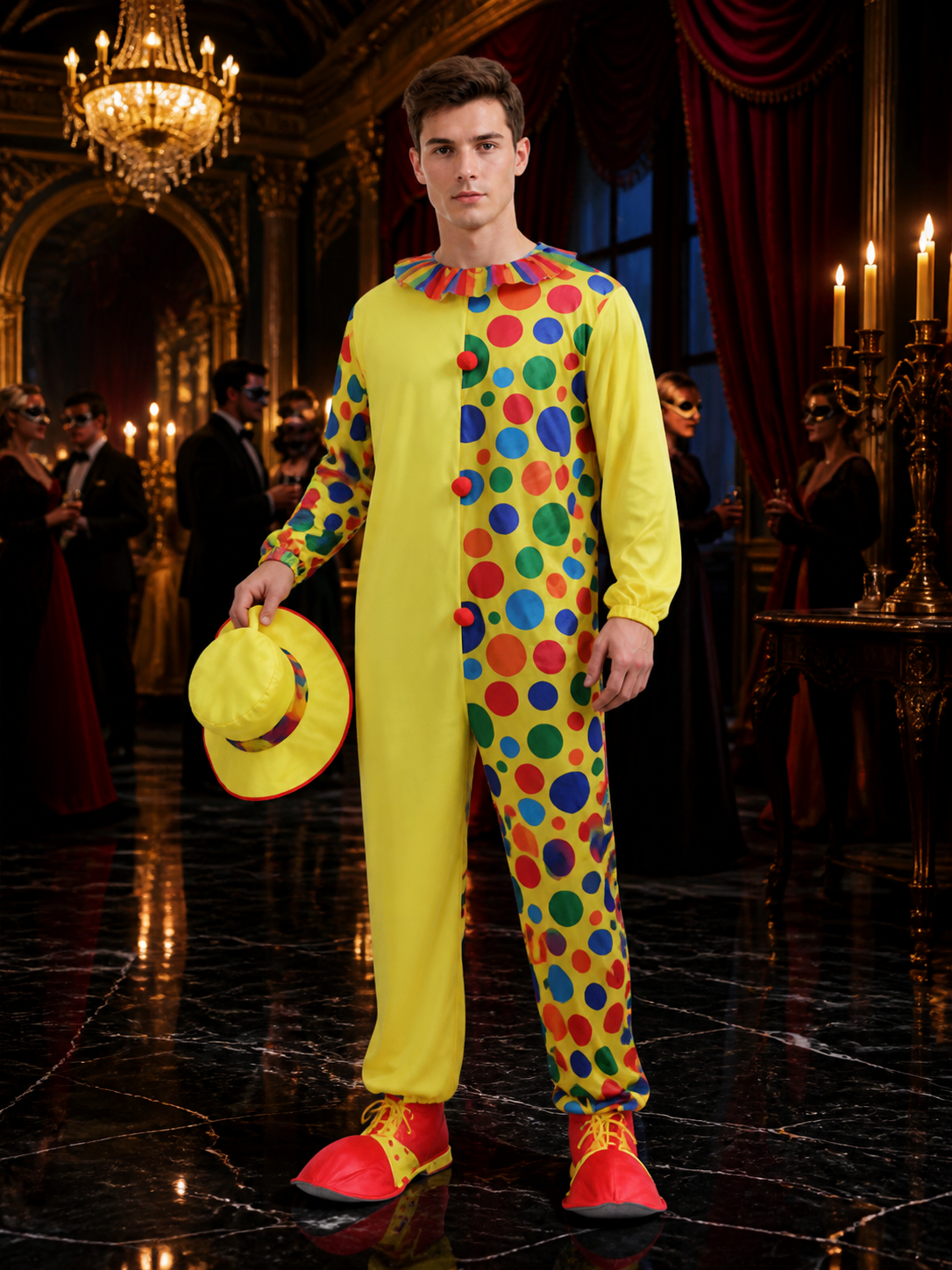 Adult Unisex Clown Costume Jumpsuit with Multicolor Polka Dots and Hat for Costume Headwear detail