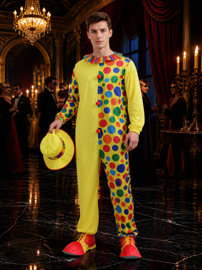 Adult Unisex Clown Costume Jumpsuit with Multicolor Polka Dots and Hat for Costume Headwear detail
