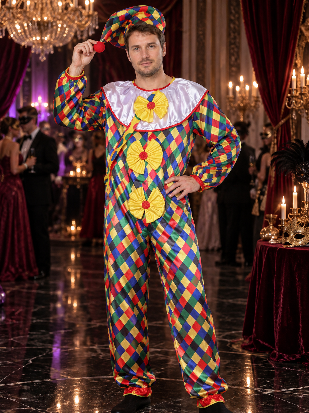 Velour Clown Costume with Yellow Bows and Hat