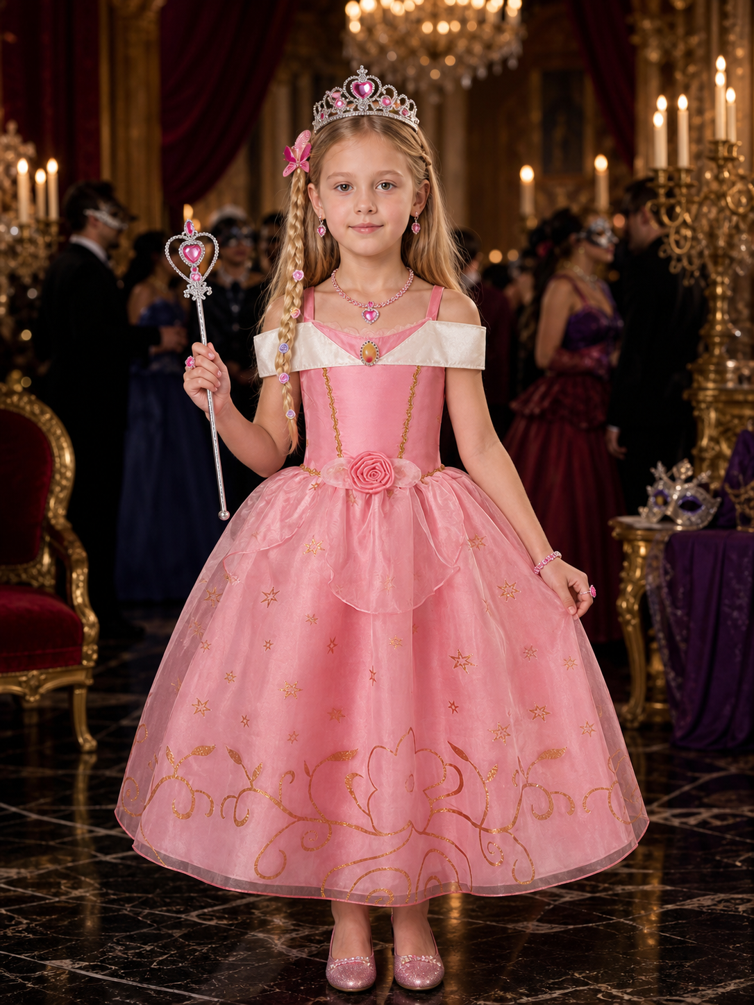 Girls Princess Costume Set with Sequined Tulle Dress, Crown, and Magic Wand for Costume Dresses detail