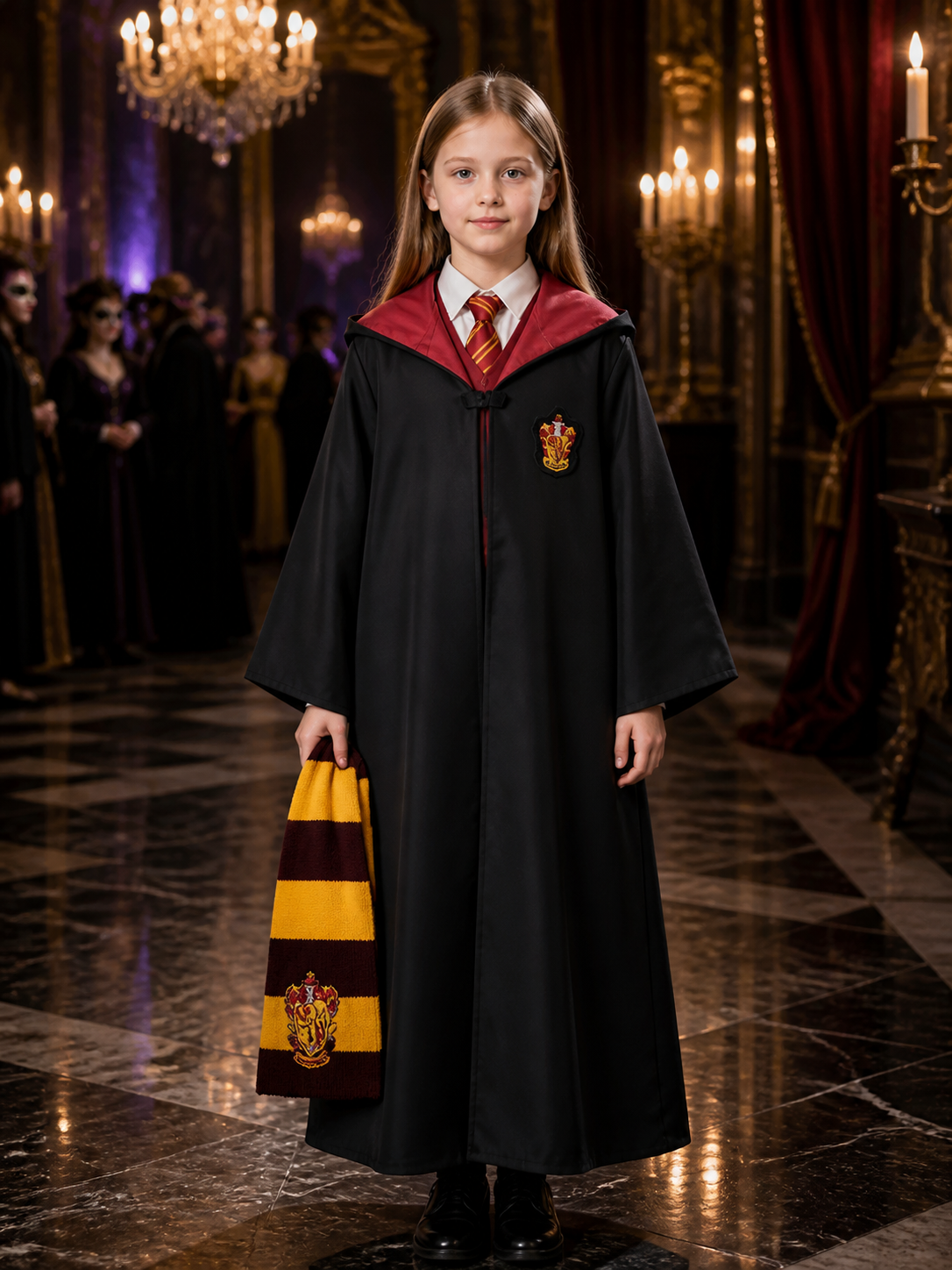 Kids Hooded Wizard Robe Costume Set, Burgundy And Yellow, With Tie And Scarf Costumes detail