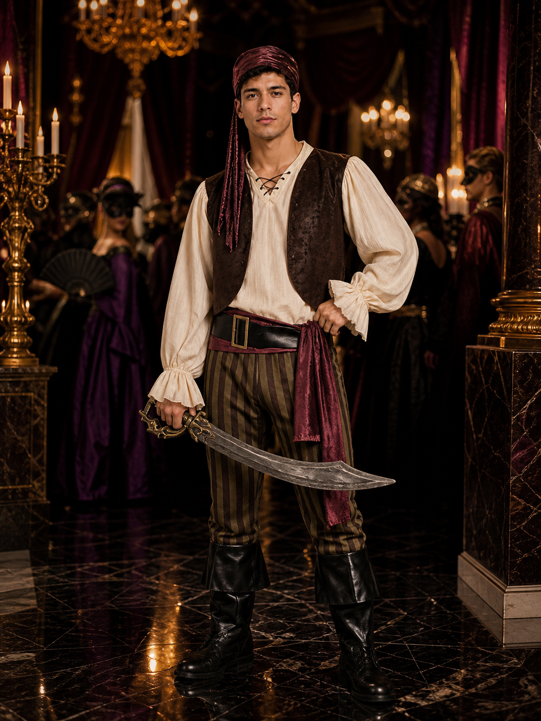 Adult Pirate Costume Set with Vest, Shirt, Striped Pants, Headscarf and Belt Costumes detail