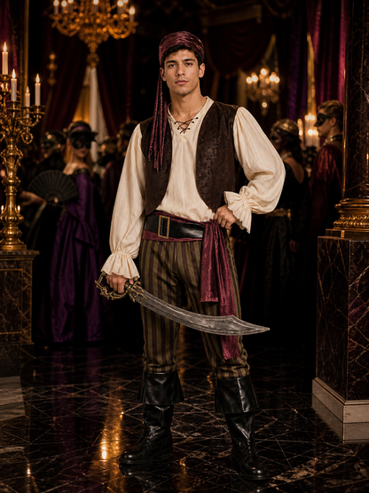 Adult Pirate Costume Set with Vest, Shirt, Striped Pants, Headscarf and Belt Costumes detail