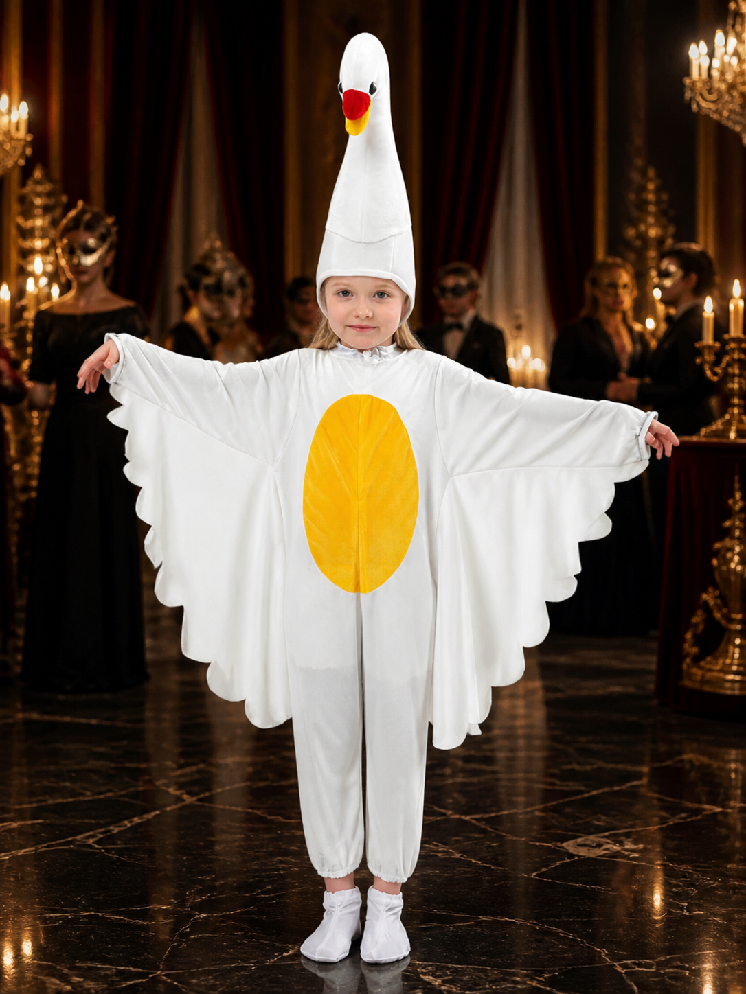 Kids White Goose Costume Jumpsuit with Wings and Hood for Halloween Party Costumes detail