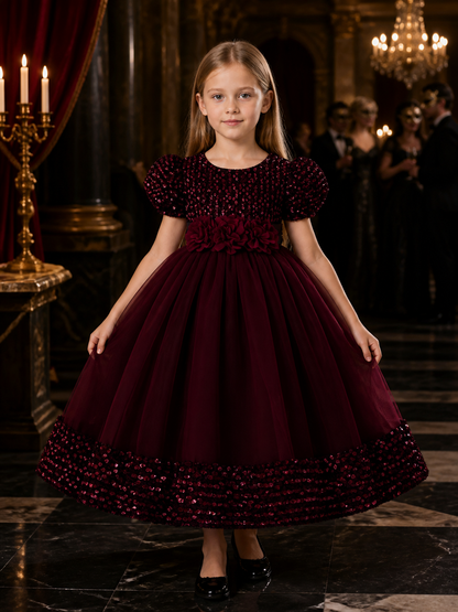 Girls' Burgundy Sequin Tulle Princess Ball Gown Dress With 3D Rose Flowers and Costume Dresses detail