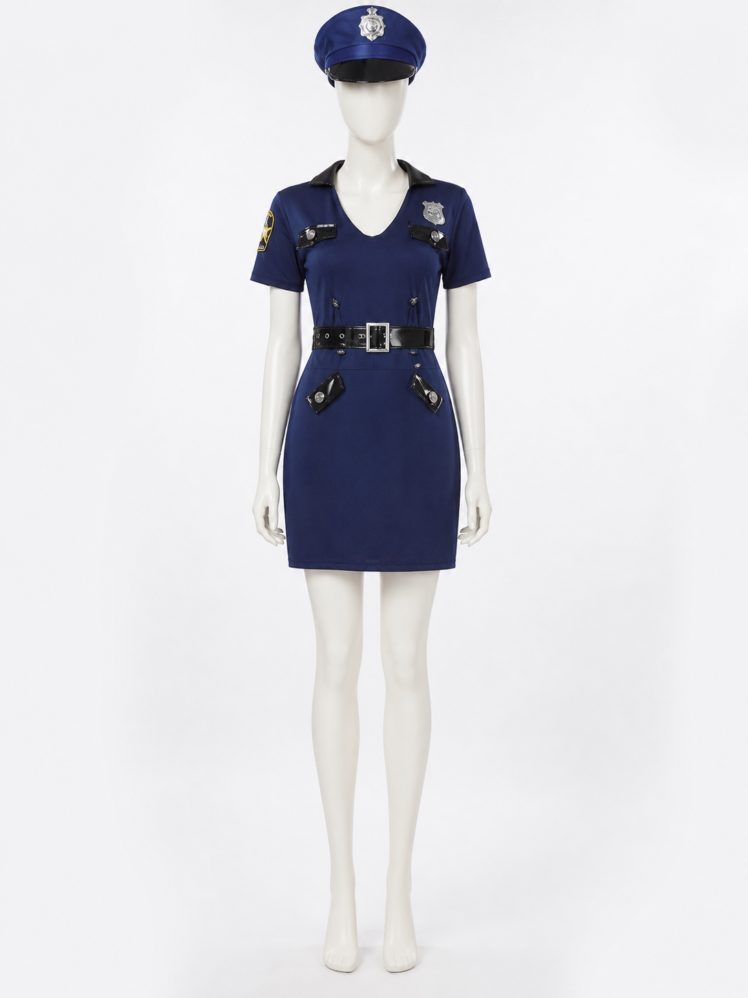 Women's Police Costume Dress Set With Hat And Belt, Short Sleeve Halloween Costume Dresses detail