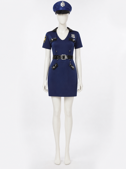 Women's Police Costume Dress Set With Hat And Belt, Short Sleeve Halloween Costume Dresses detail