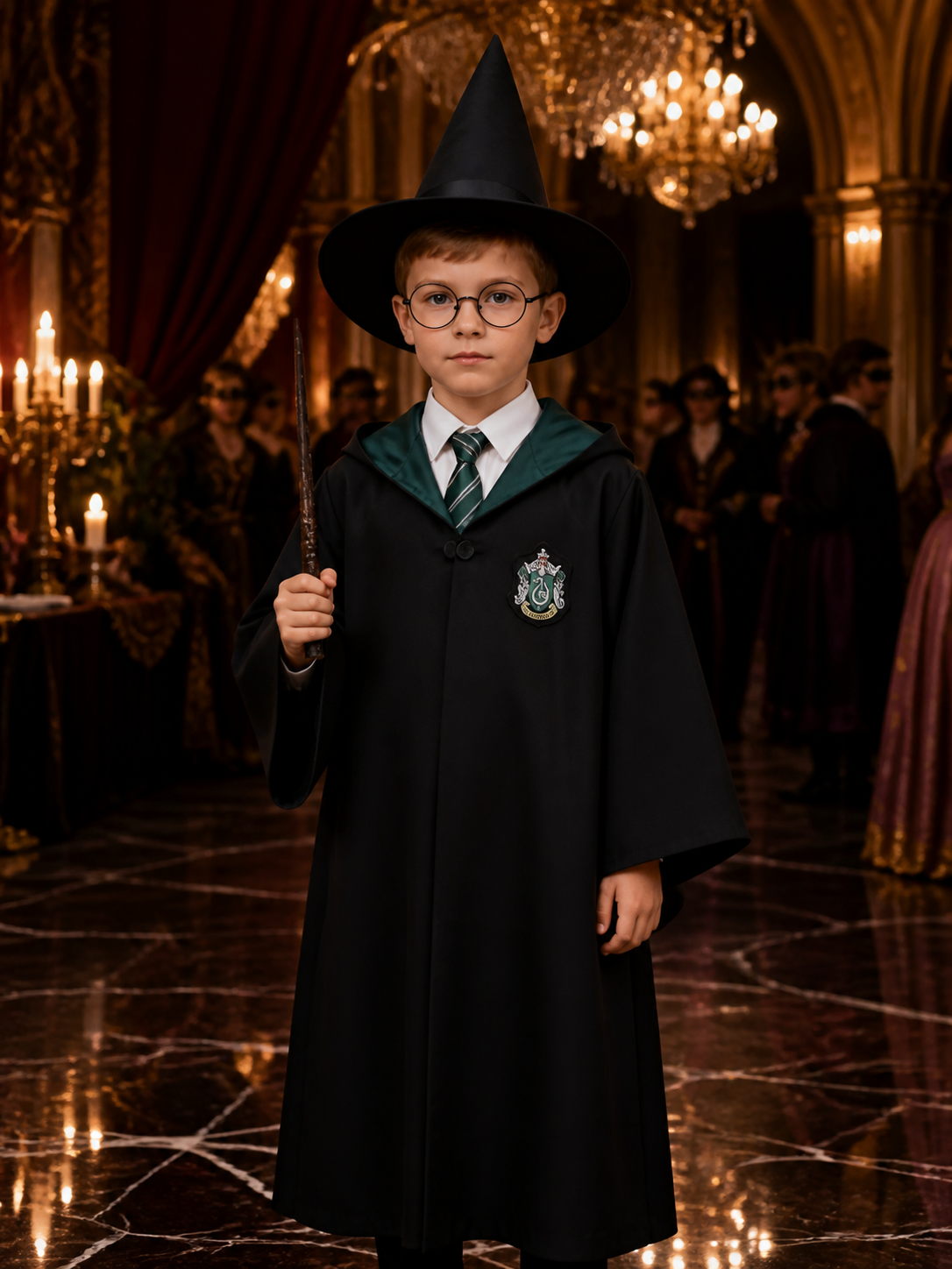 Wizard Costume Set With Hooded Robe, Pointed Hat, Wand, Tie and Round Glasses Costume Headwear detail