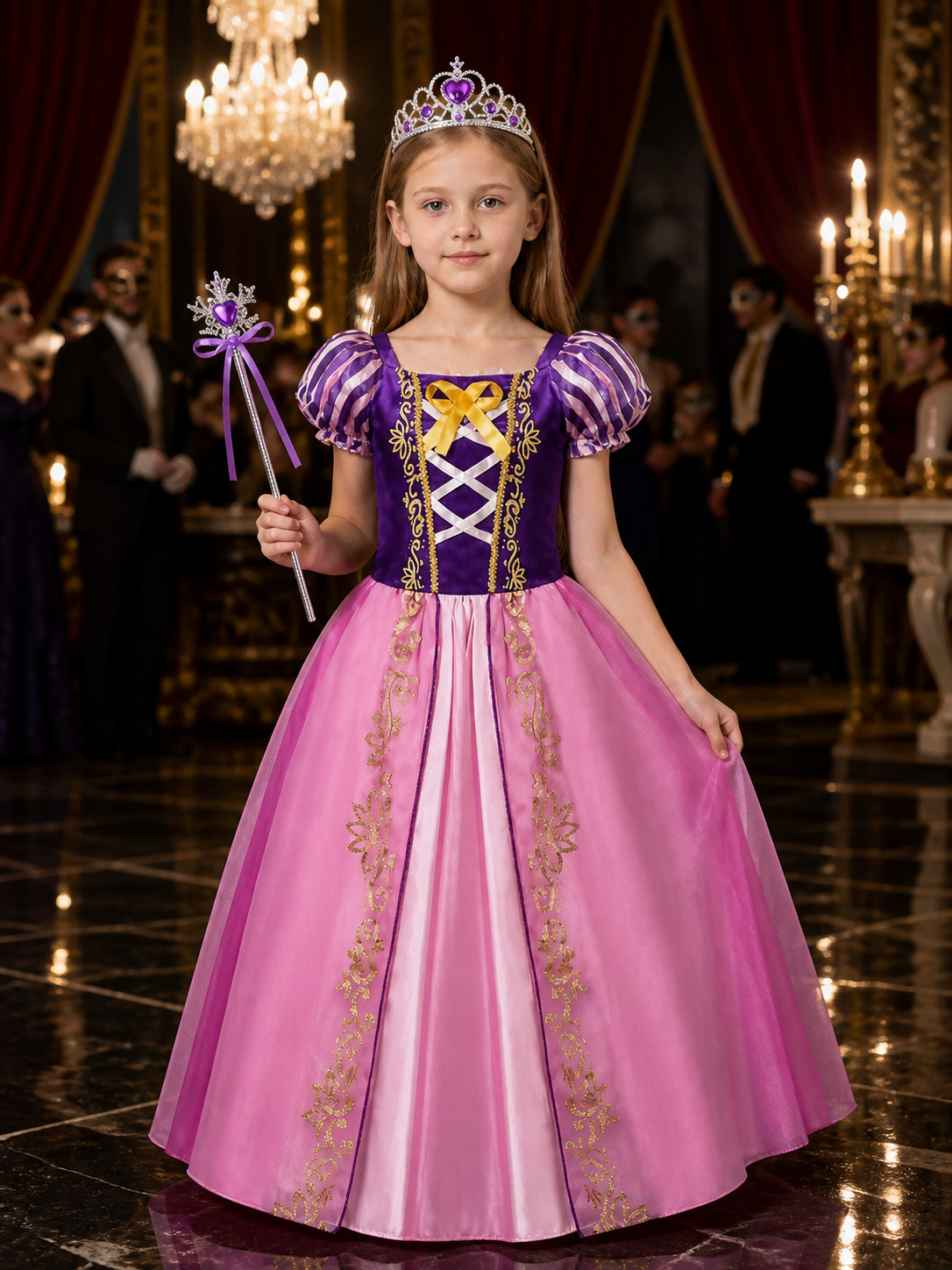 Kids Princess Costume Dress Set with Crown and Magic Wand, Pink Purple Gown Costume Dresses detail