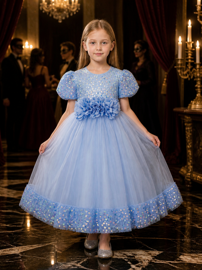 Baby Girls' Sky Blue Princess Dress, Sequined 3D Flower Puff Sleeve Tulle Gown Costume Dresses detail