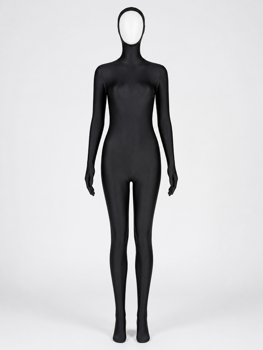 Black Full-Body Zentai Bodysuit With Hood, Attached Hands And Feet