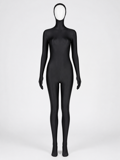 Black Full-Body Zentai Bodysuit With Hood, Attached Hands And Feet