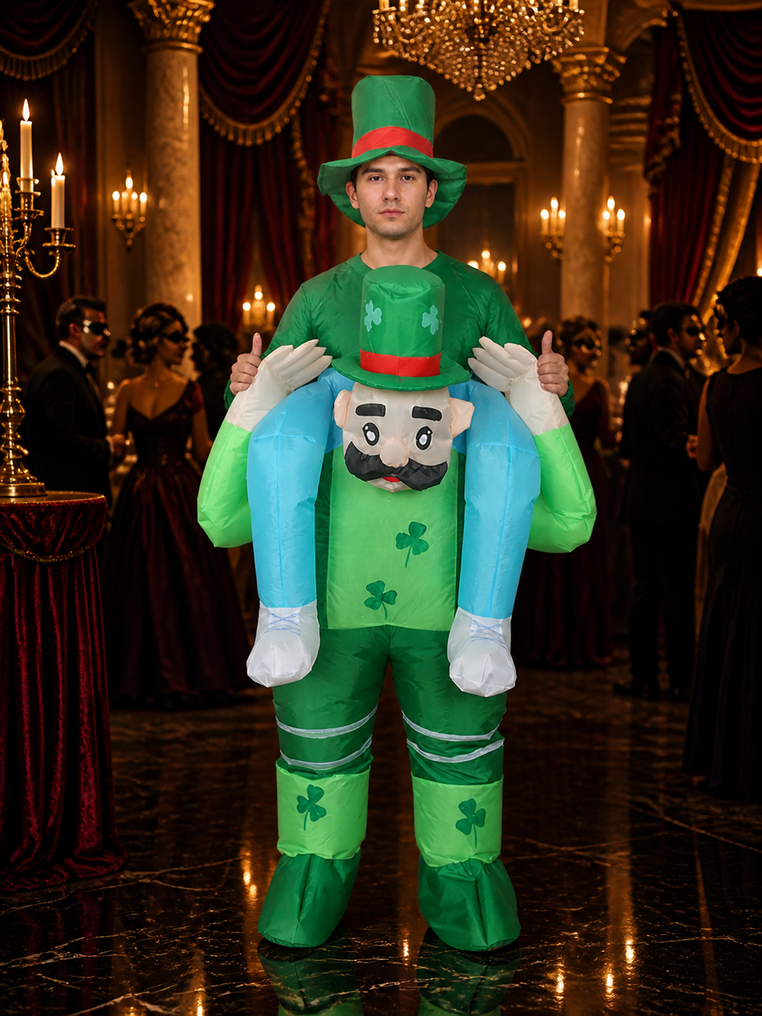 Leprechaun Inflatable Costume, Full Body Blow Up Outfit with Hat and Shamrock Costume Headwear detail