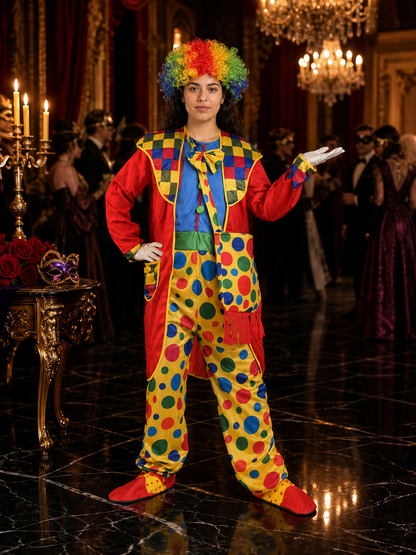 Unisex Colorful Clown Jumpsuit Costume Set With Wig, Collar And Boots Costume Wigs detail
