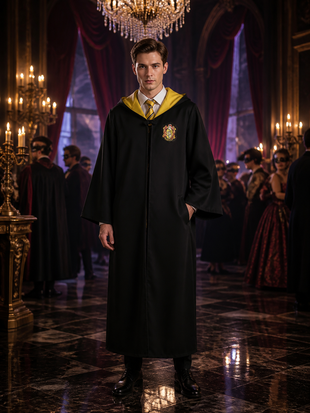 Wizard School Uniform Costume Set, Long Hooded Black Robe with Black-Yellow Costumes detail