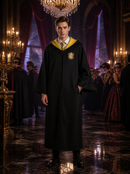 Wizard School Uniform Costume Set, Long Hooded Black Robe with Black-Yellow Costumes detail