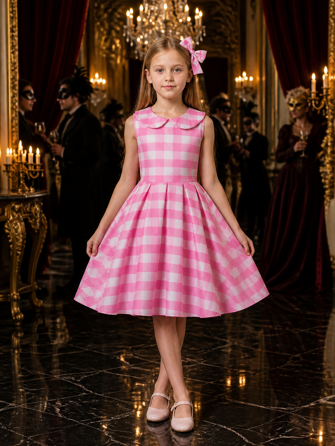 Kids' Pink and White Plaid Princess Dress Costume Set with Bow Headband Costume Dresses detail