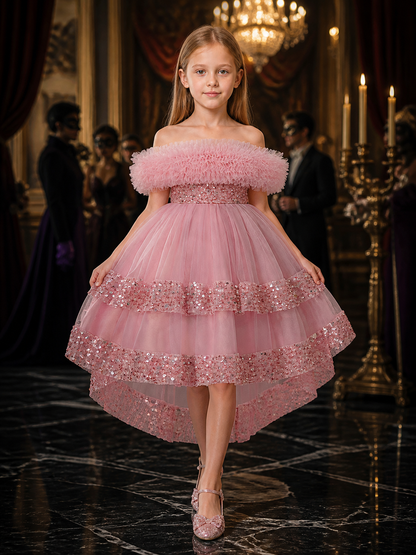 Girls' Princess Tulle Dress with Sequin Waistband and Layered Tutu Skirt