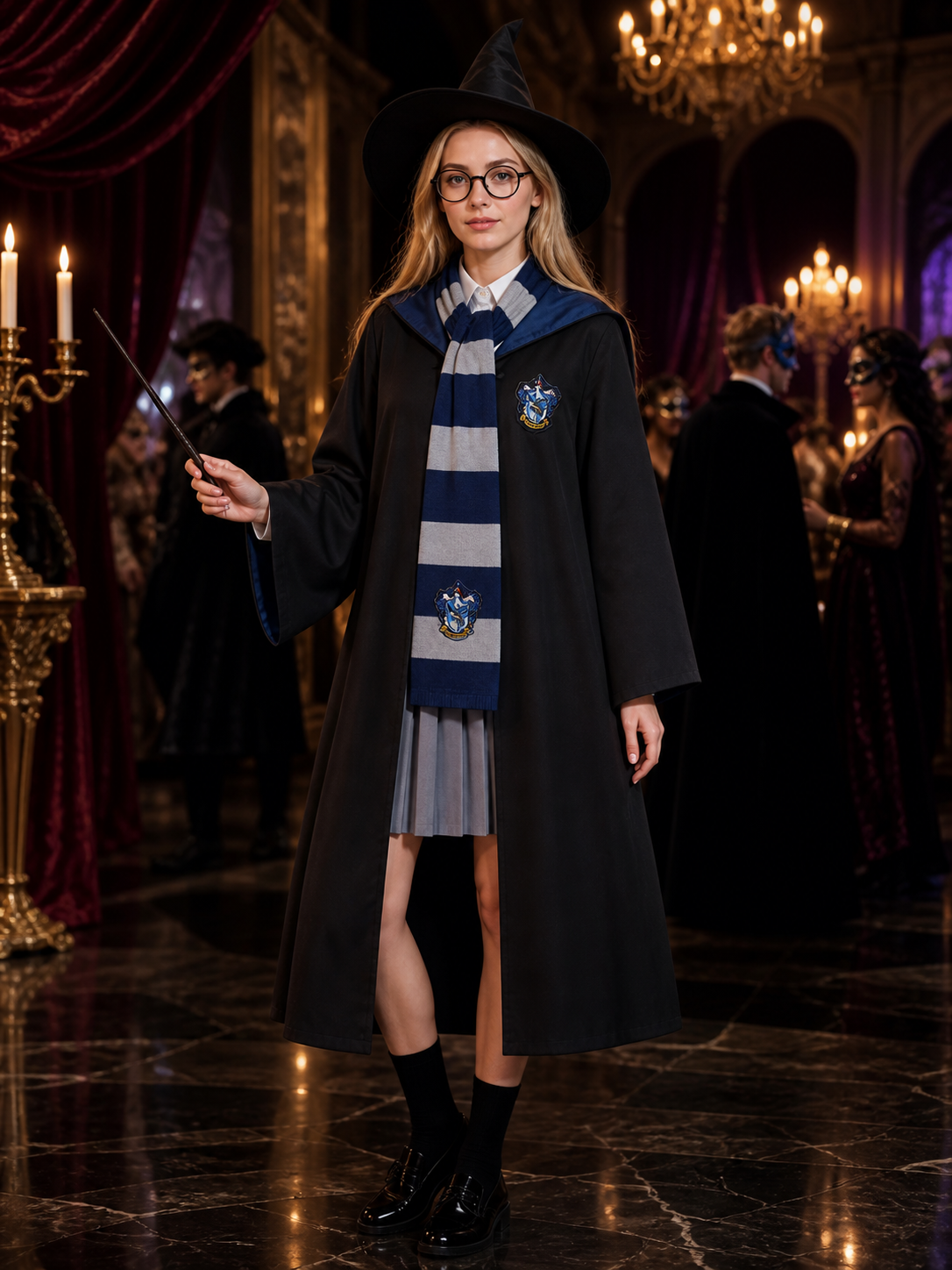 Wizard Robe Costume Set with Hat, Scarf, Glasses and Wand, Halloween Cosplay Costume Headwear detail