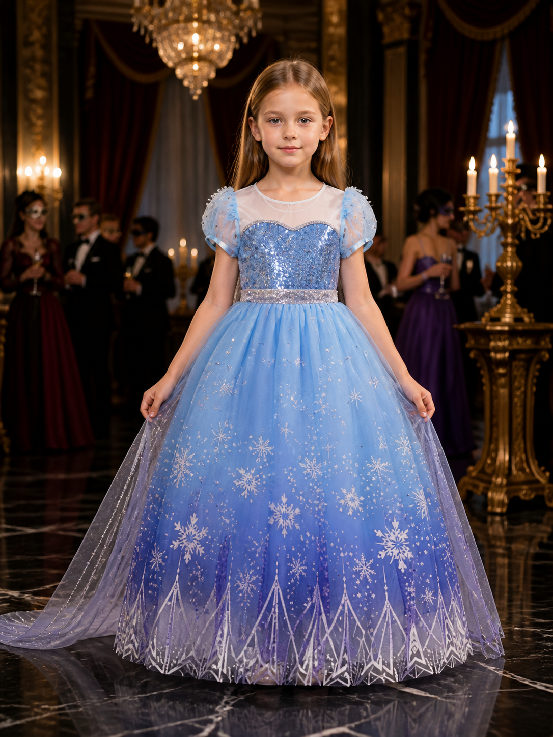 Kids Snow Queen Princess Dress, Sequined Puffy Gown with Snowflakes, Halloween Costume Dresses detail