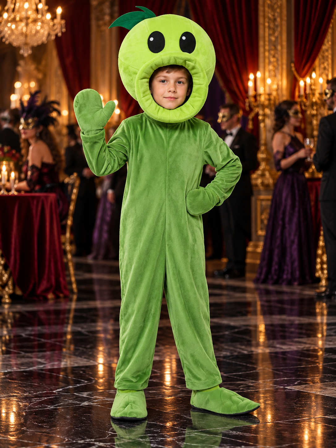 Kids' green carnival costume with headpiece
