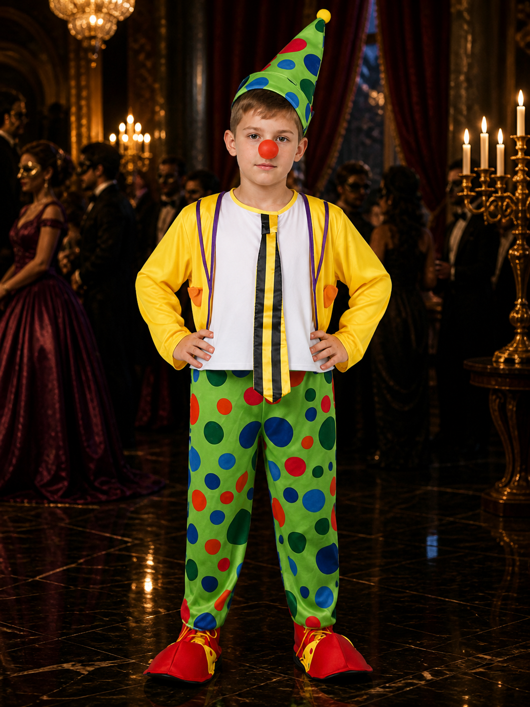 Kids Clown Jumpsuit Costume Set with Colorful Polka Dots and Cone Hat Costume Headwear detail