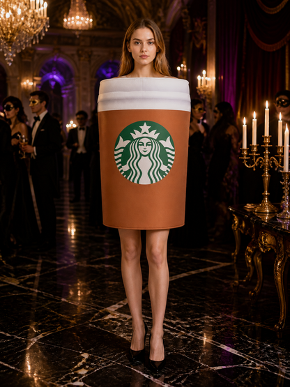 Funny Coffee Cup Drink Costume Jumpsuit, Brown, White & Green Cosplay Outfit Costumes detail