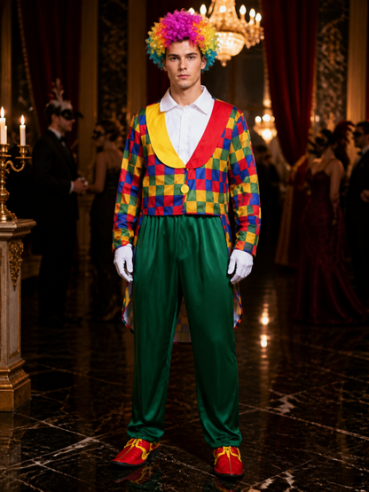 Adult Clown Costume Set, Colorful Checkered Jacket and Pants for Halloween Costumes detail
