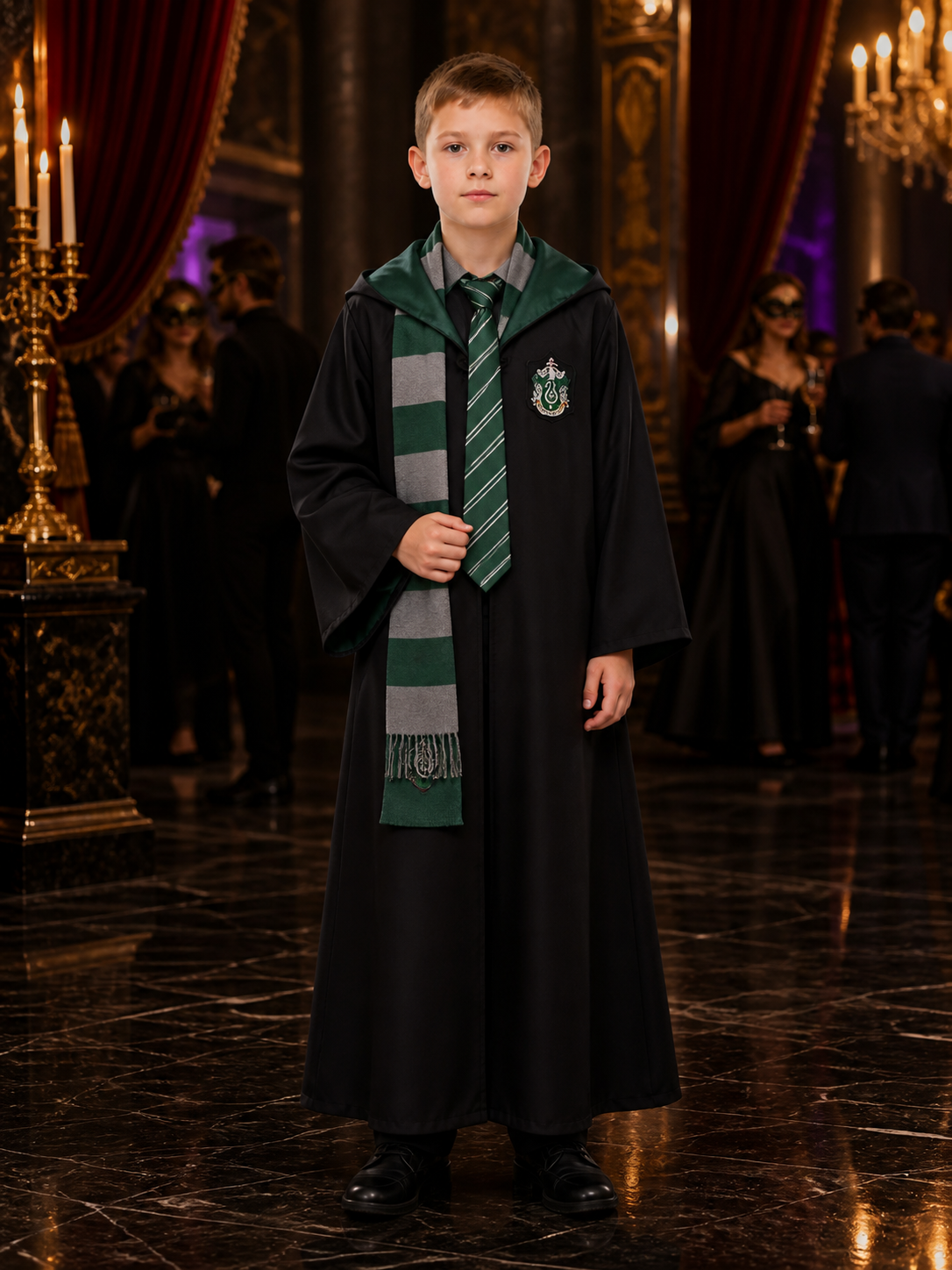 Children's Hooded Wizard Robe Costume Set with Striped Tie and Scarf Costumes detail