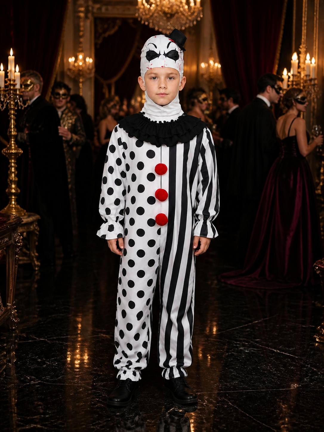 Clown Jumpsuit Costume Set with Mask and Hat, Polka Dot Striped Halloween Outfit Costume Masks detail