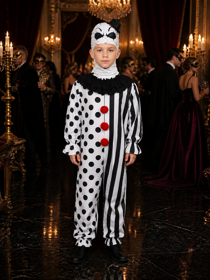 Clown Jumpsuit Costume Set with Mask and Hat, Polka Dot Striped Halloween Outfit Costume Masks detail