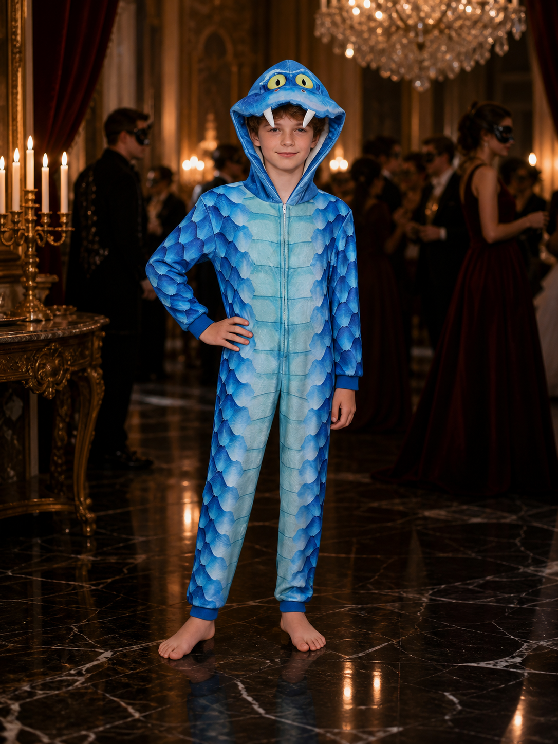 Dinosaur Hooded Costume with Zipper and Blue Belly Costumes detail