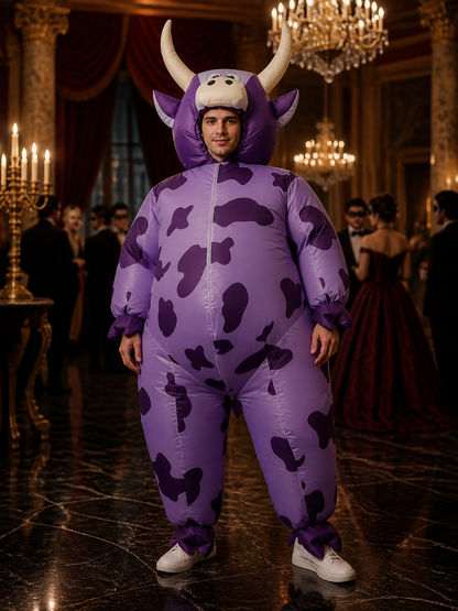 Purple Cow Onesie Costume, Hooded Animal Jumpsuit with Horns for Halloween Costumes detail