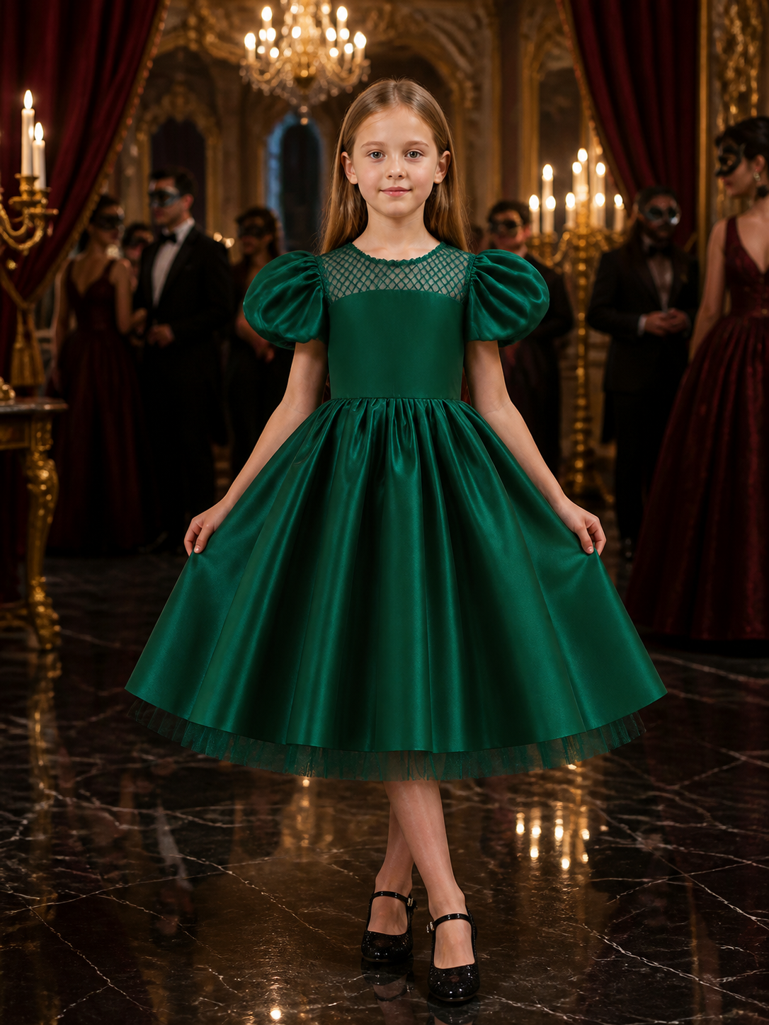 Girls' Dark Green Princess Dress with Puff Sleeves and Tulle Hem Costume Dresses detail
