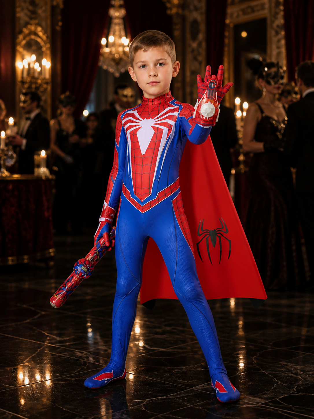 Iron Spider-Man Hooded Bodysuit Halloween Costume with Red-Blue Spider Web Costumes detail