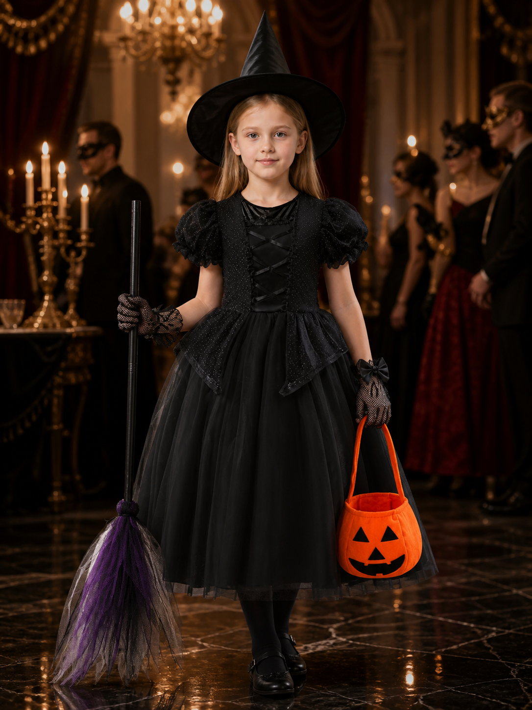 Girls' Witch Costume Set, Black Dress with Hat, Broom, Pumpkin Bag and Tights Costume Dresses detail
