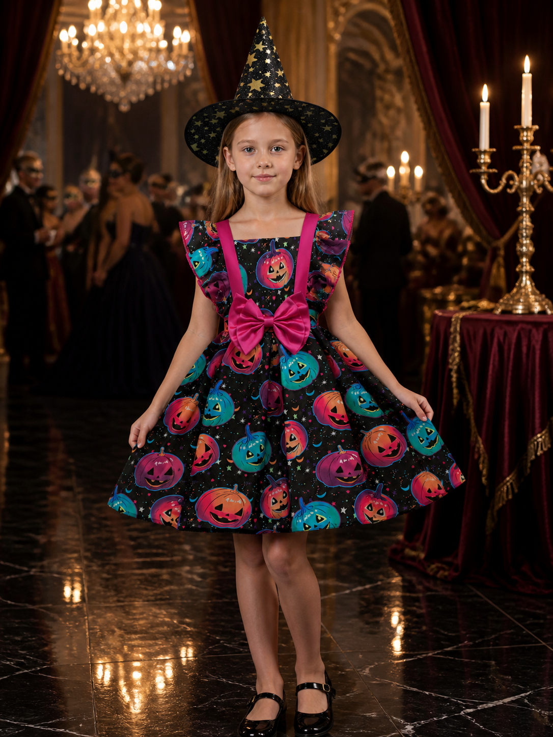 Girls' Witch Costume Dress Set With Pumpkin Print, Ruffle Sleeves And Hat Costume Dresses detail