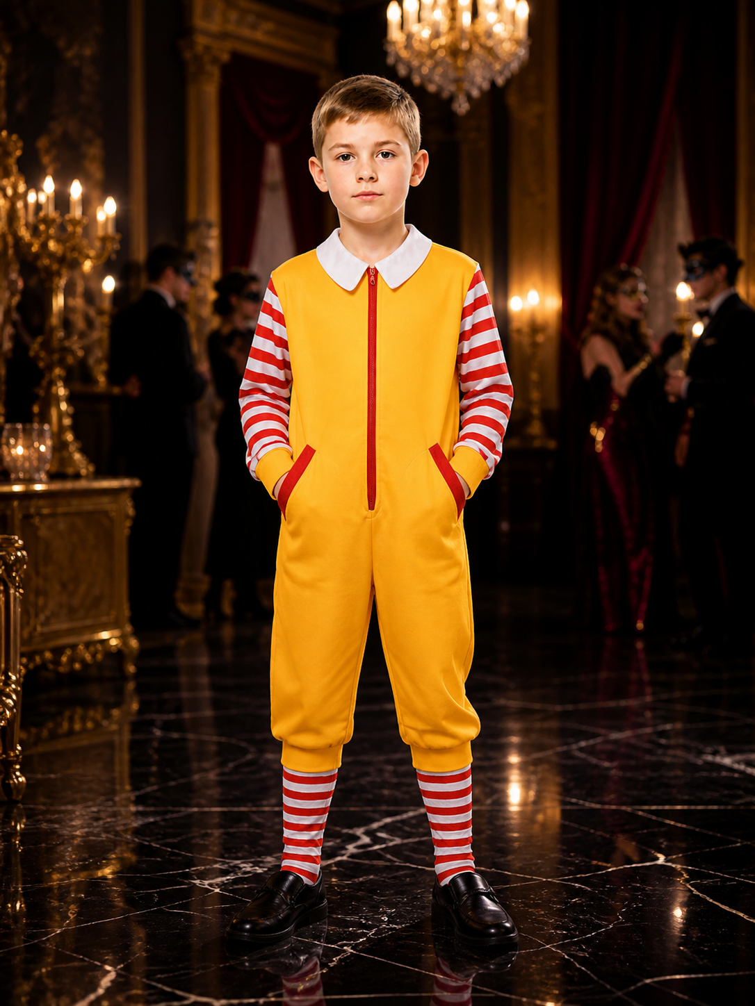 Yellow Clown Jumpsuit Costume With Red and White Striped Sleeves and Legs Costumes detail
