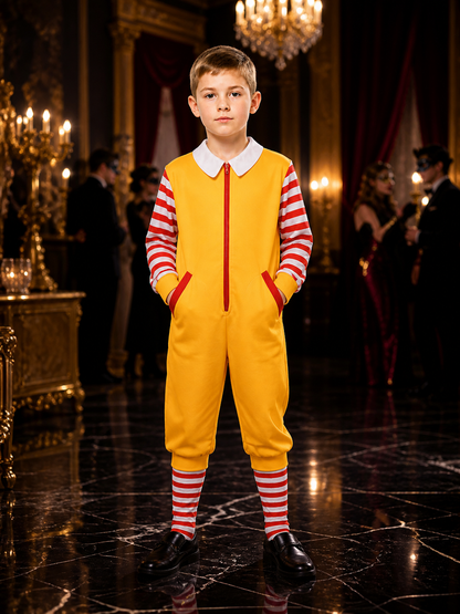 Yellow Clown Jumpsuit Costume With Red and White Striped Sleeves and Legs Costumes detail
