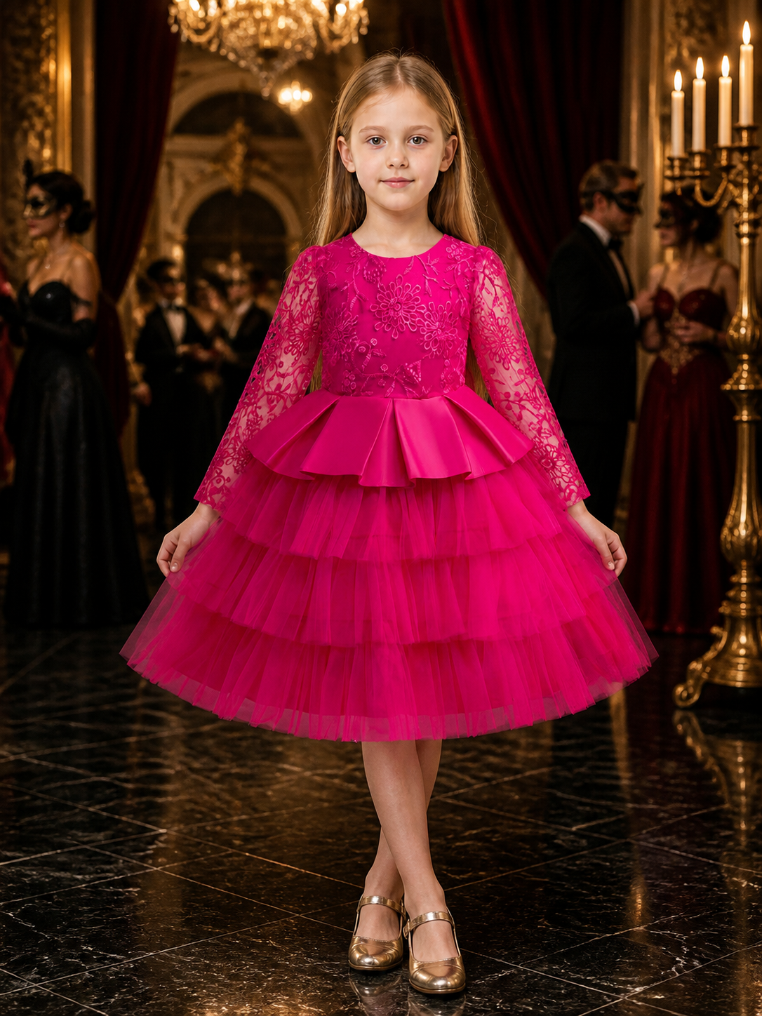 Girls' Rose Red Princess Dress With Floral Embroidery, Lace Sleeves, And Layered Costume Dresses detail
