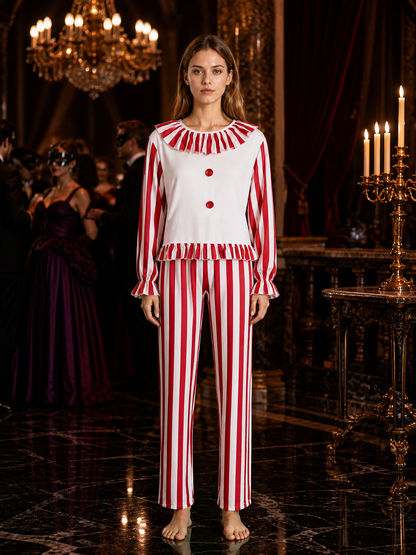 Red Striped Clown Costume Set for Adults, Ruffle Trim 2-Piece Halloween Outfit Costumes detail