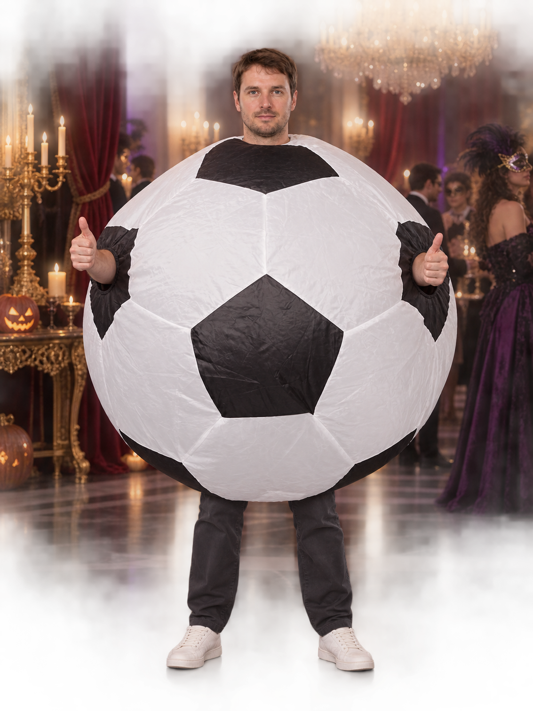 Inflatable carnival costume black and white with a soccer pattern