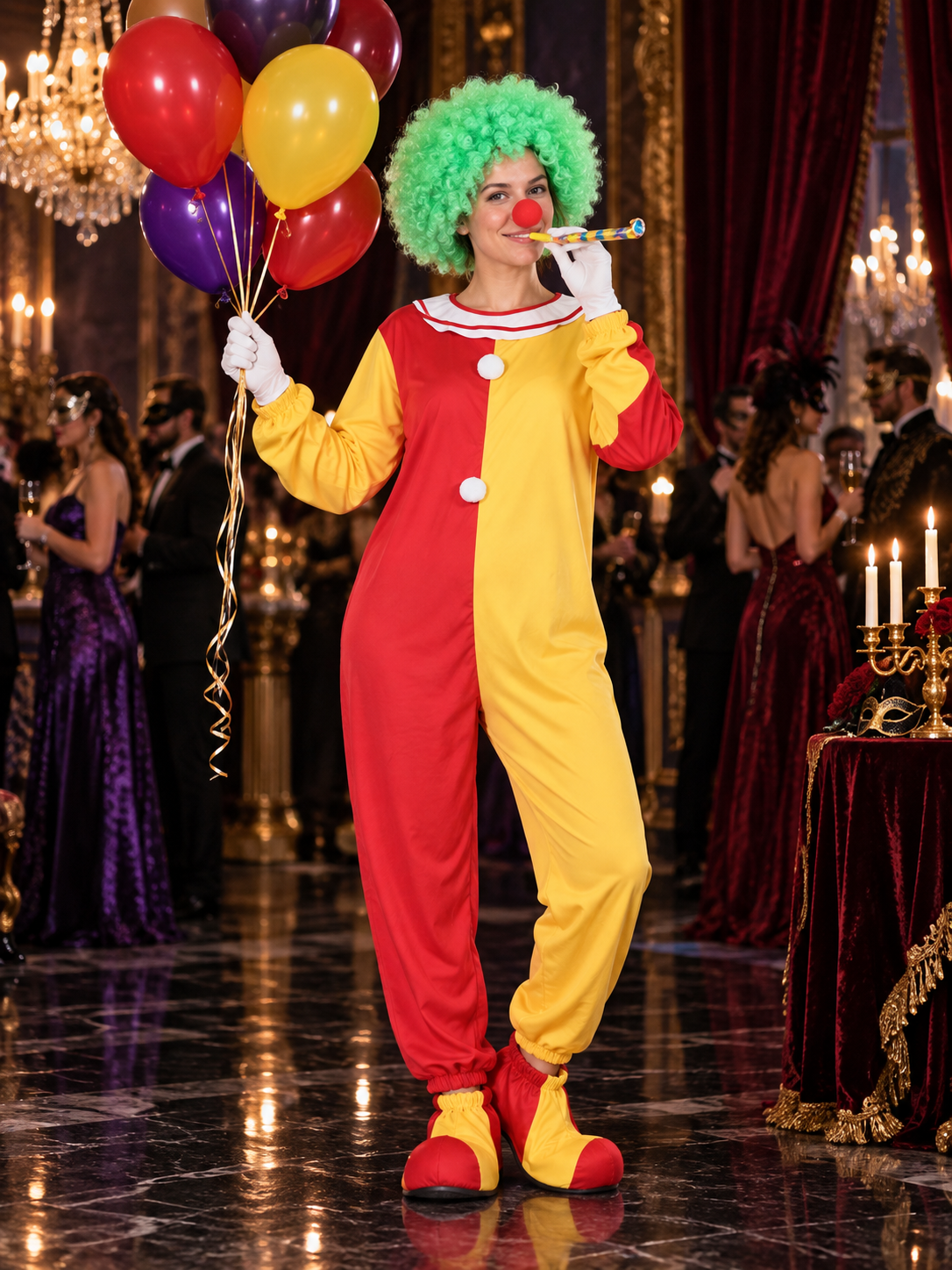 Adult Clown Costume Red and Yellow with Wig and Mask